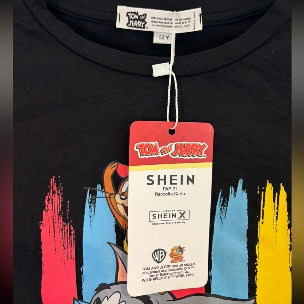 NWT SHEIN X Tom and Jerry Collab Kids  Black Tee